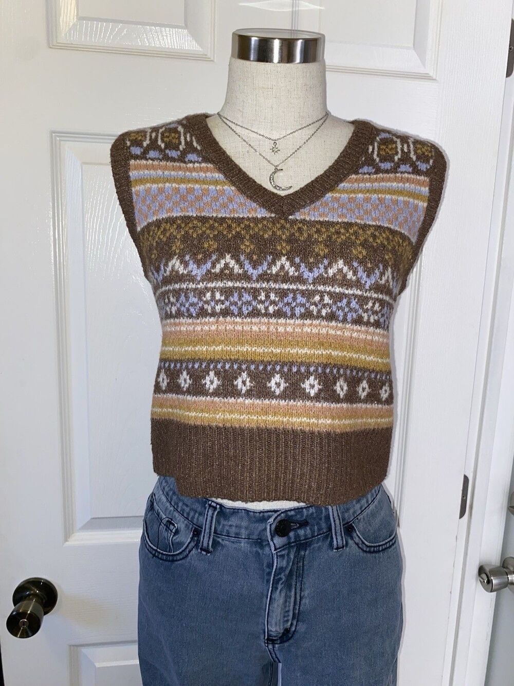 Pink Republic Brown Fair Isle Knit Cropped Sweater Vest Size M